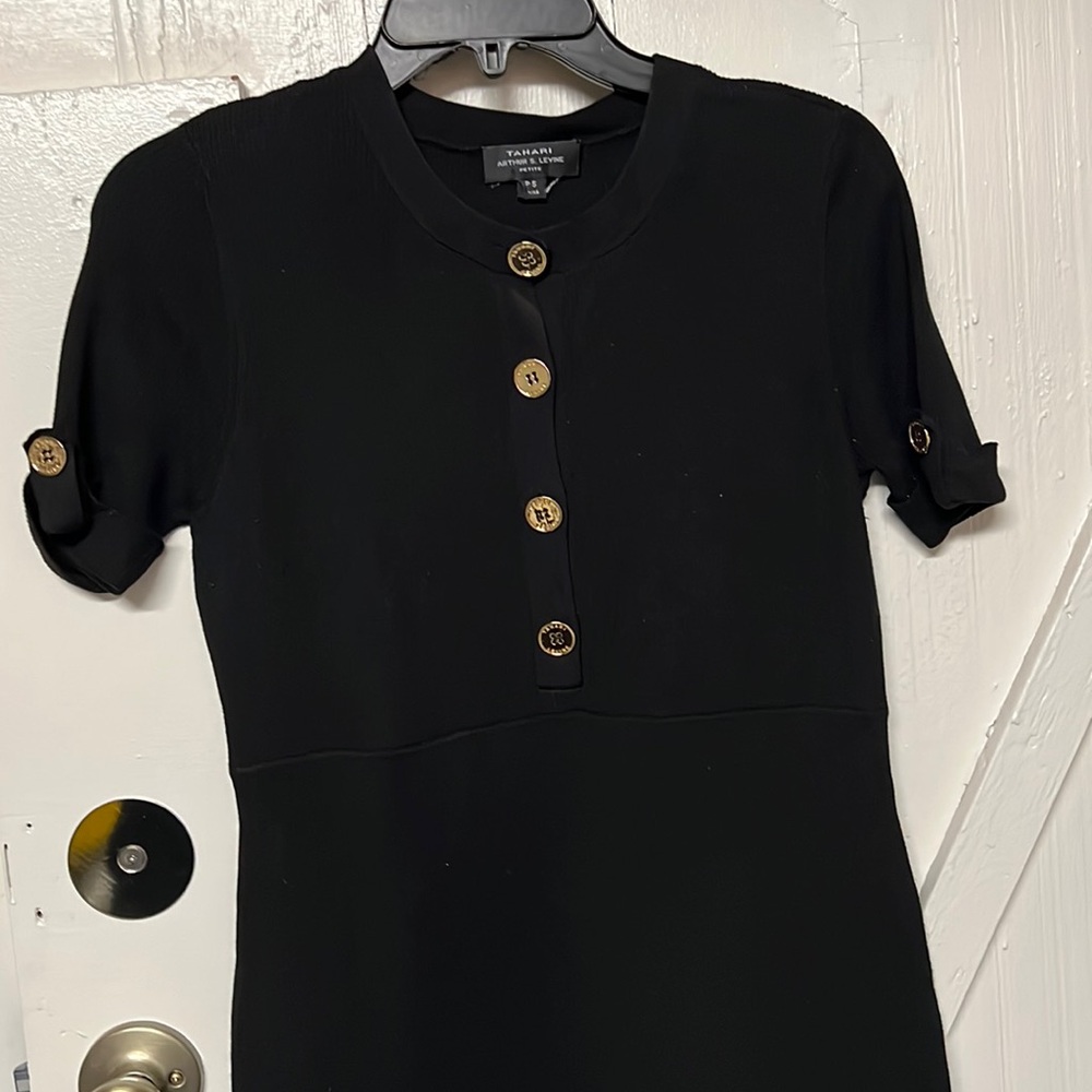Tahari petite sweater dress with gold buttons on front and sleeves.